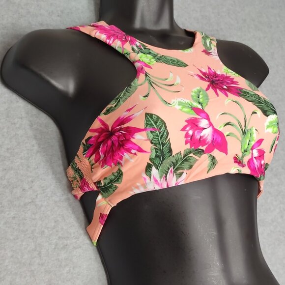 Tori Praver Sz S Seafoam Swimwear Pink Floral Halter Bikini Top High Neck Smock - Picture 7 of 10